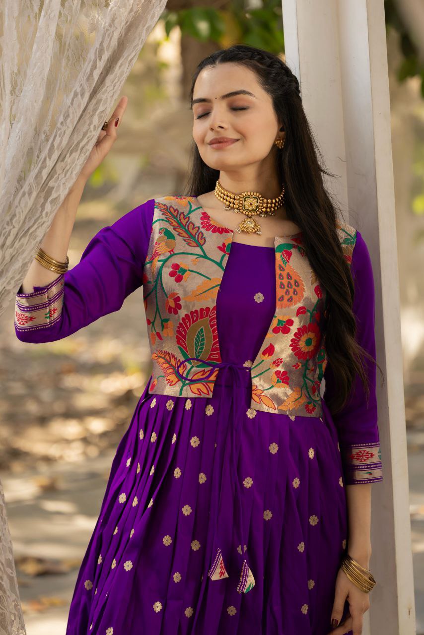 Tasrika Paithani Silk Blend Gown with Jacket | Woven Motifs & Flared Festive Dress | 3/4 Sleeve