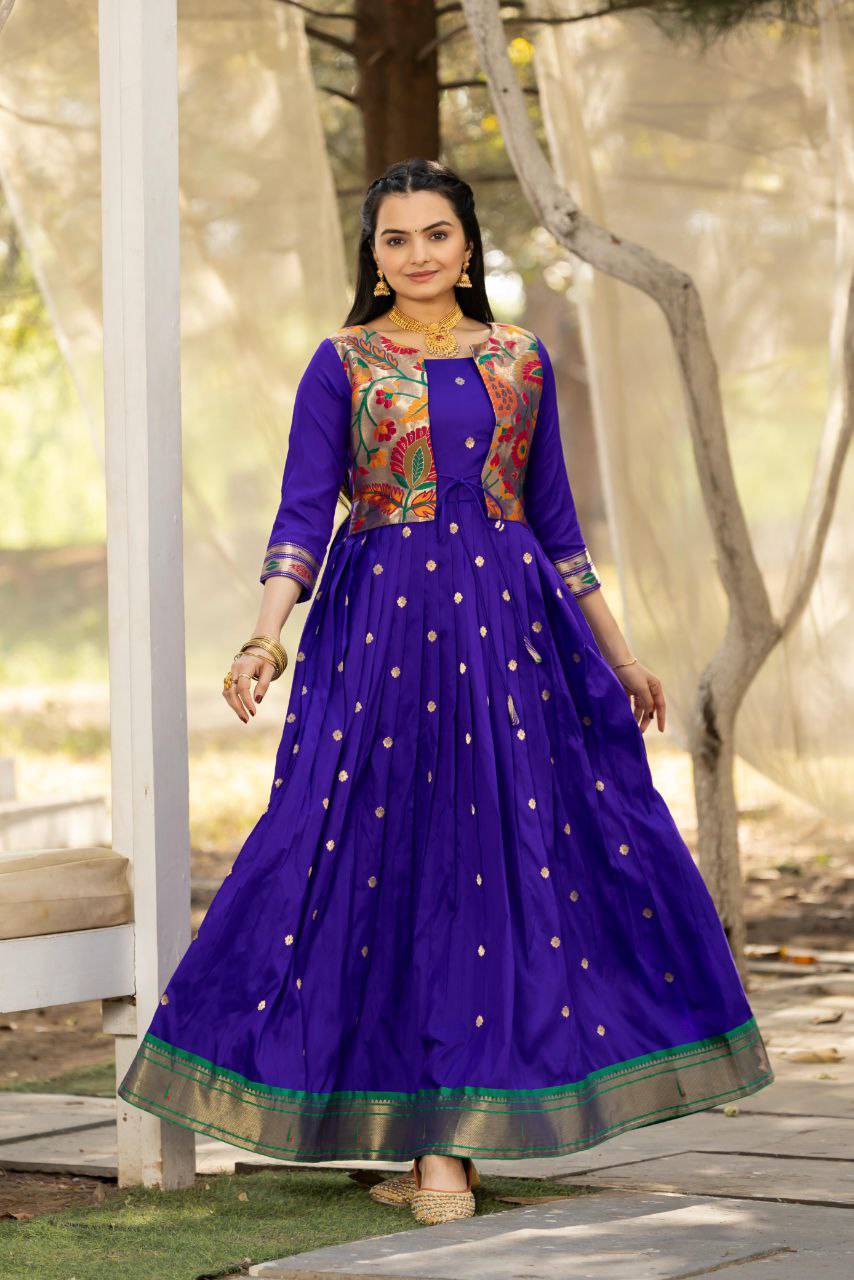 Tasrika Paithani Silk Blend Gown with Jacket | Woven Motifs & Flared Festive Dress | 3/4 Sleeve