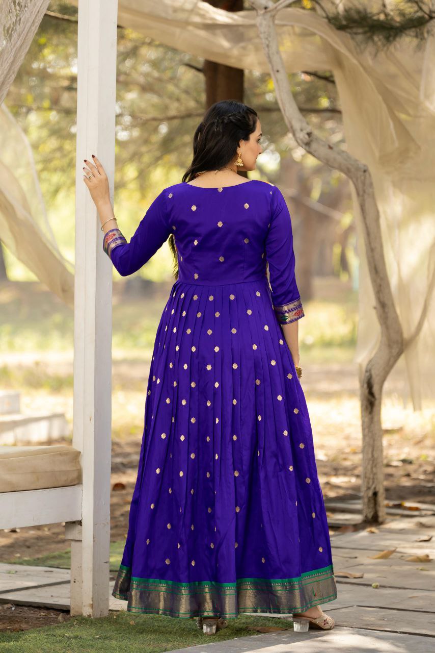 Tasrika Paithani Silk Blend Gown with Jacket | Woven Motifs & Flared Festive Dress | 3/4 Sleeve
