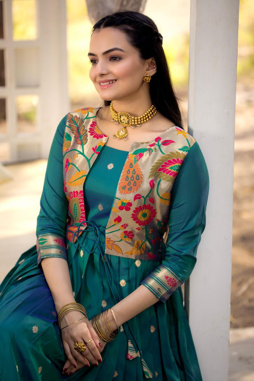 Tasrika Paithani Silk Blend Gown with Jacket | Woven Motifs & Flared Festive Dress | 3/4 Sleeve