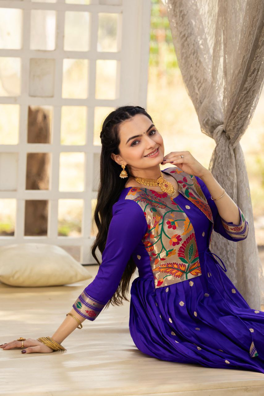 Tasrika Paithani Silk Blend Gown with Jacket | Woven Motifs & Flared Festive Dress | 3/4 Sleeve