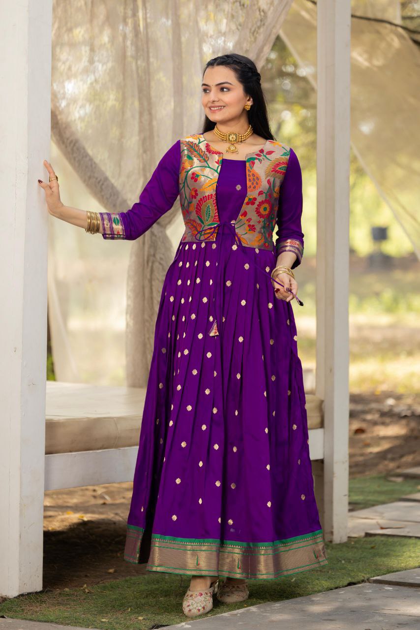 Tasrika Paithani Silk Blend Gown with Jacket | Woven Motifs & Flared Festive Dress | 3/4 Sleeve