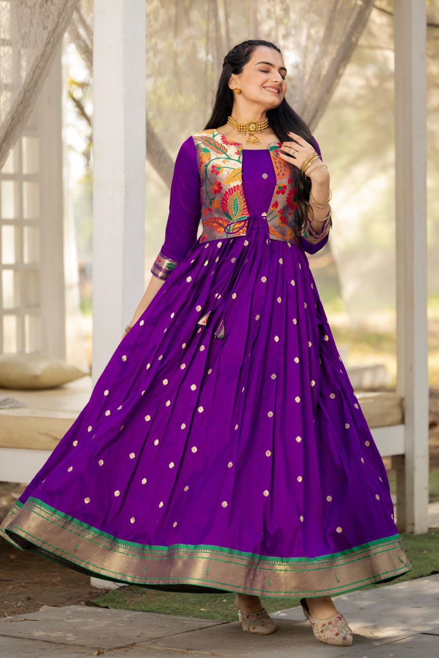 Tasrika Paithani Silk Blend Gown with Jacket | Woven Motifs & Flared Festive Dress | 3/4 Sleeve