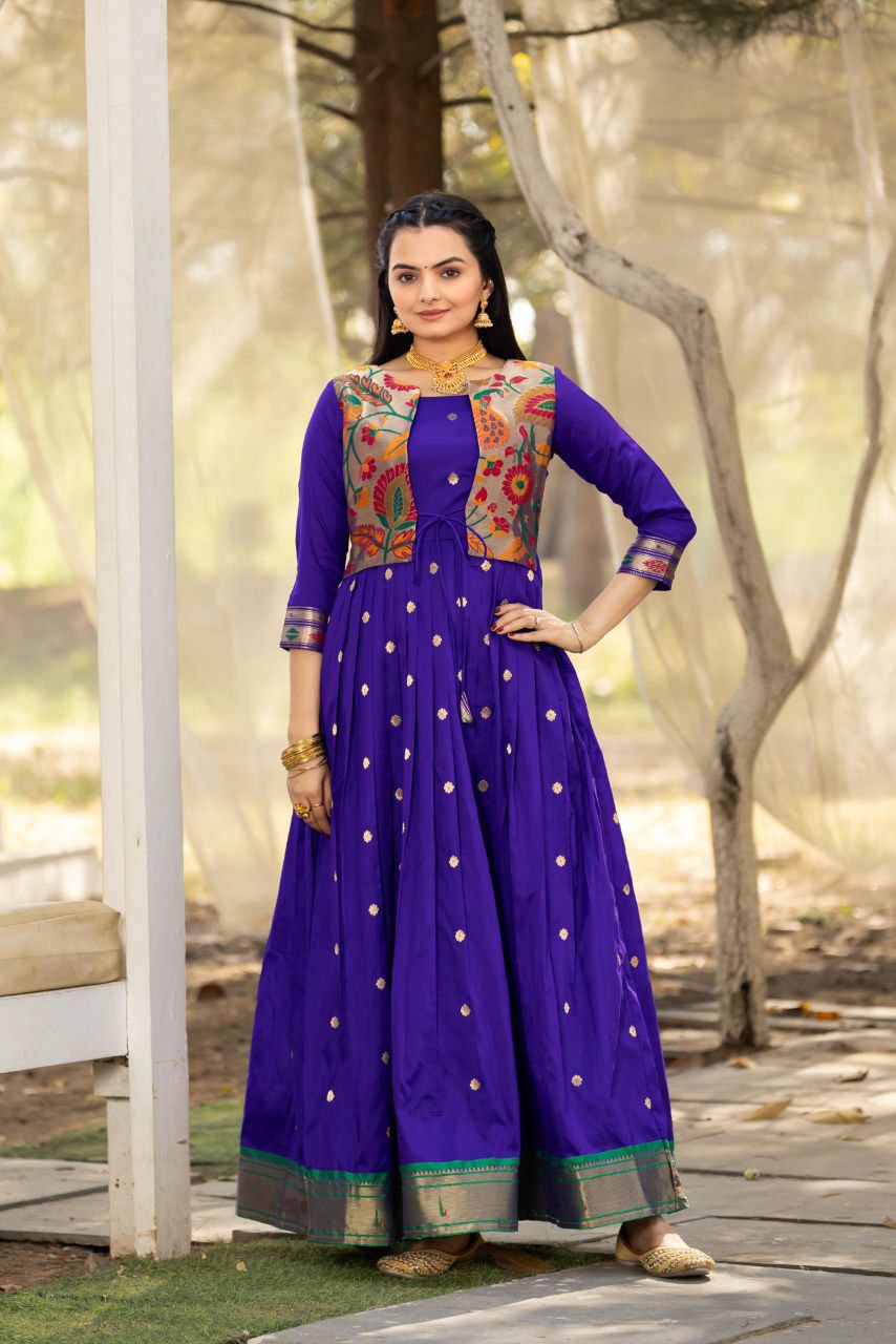 Tasrika Paithani Silk Blend Gown with Jacket | Woven Motifs & Flared Festive Dress | 3/4 Sleeve