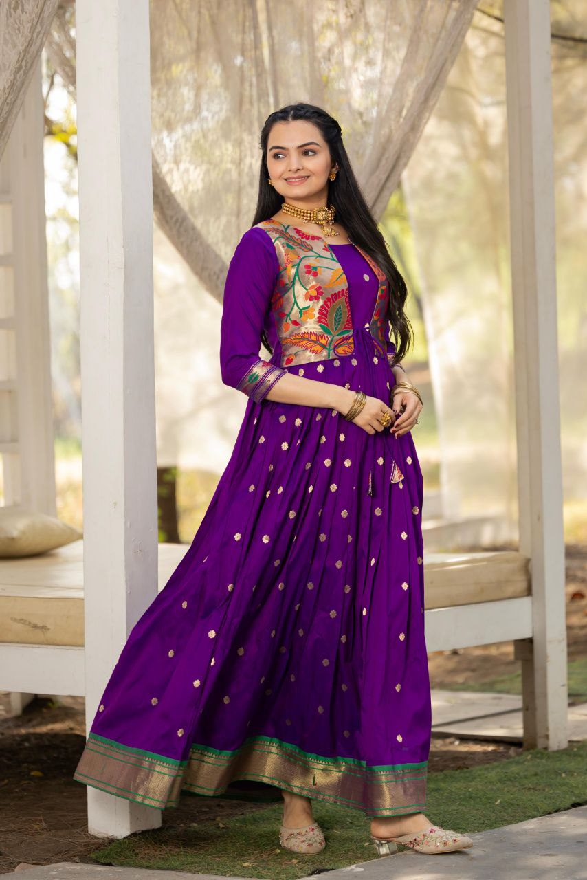 Tasrika Paithani Silk Blend Gown with Jacket | Woven Motifs & Flared Festive Dress | 3/4 Sleeve