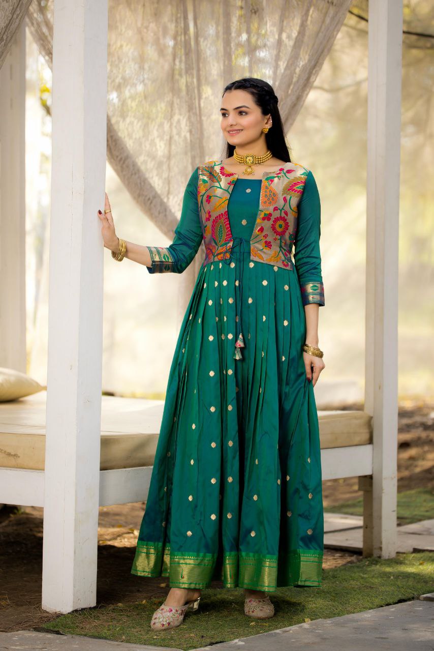 Tasrika Paithani Silk Blend Gown with Jacket | Woven Motifs & Flared Festive Dress | 3/4 Sleeve