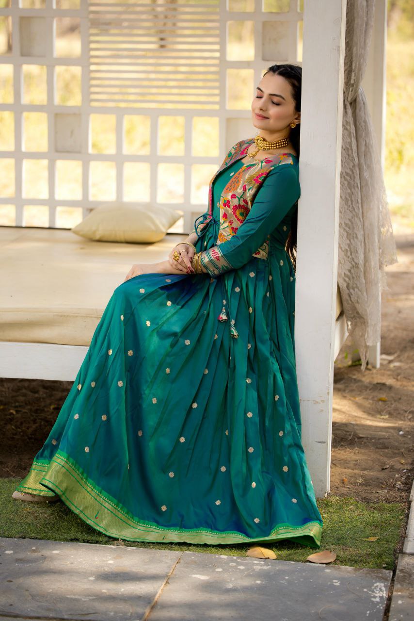 Tasrika Paithani Silk Blend Gown with Jacket | Woven Motifs & Flared Festive Dress | 3/4 Sleeve
