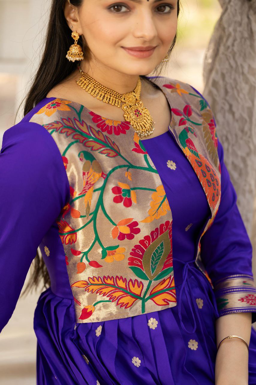 Tasrika Paithani Silk Blend Gown with Jacket | Woven Motifs & Flared Festive Dress | 3/4 Sleeve