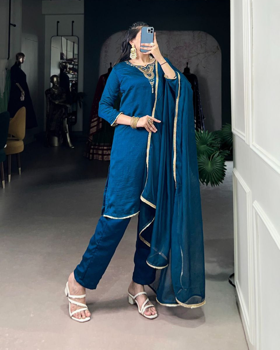 Teal Vichitra Silk Ethnic Dress Set for Women – Handwork Top with Bottom & Organza Dupatta