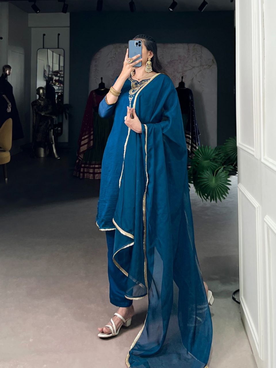 Teal Vichitra Silk Ethnic Dress Set for Women – Handwork Top with Bottom & Organza Dupatta