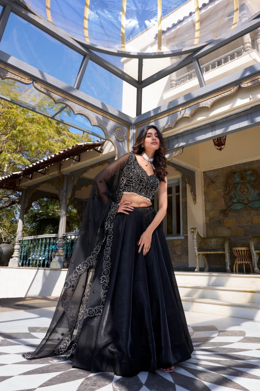 Timeless Black Star Satin Lehenga Choli Set – A Symphony of Elegance and Sophistication