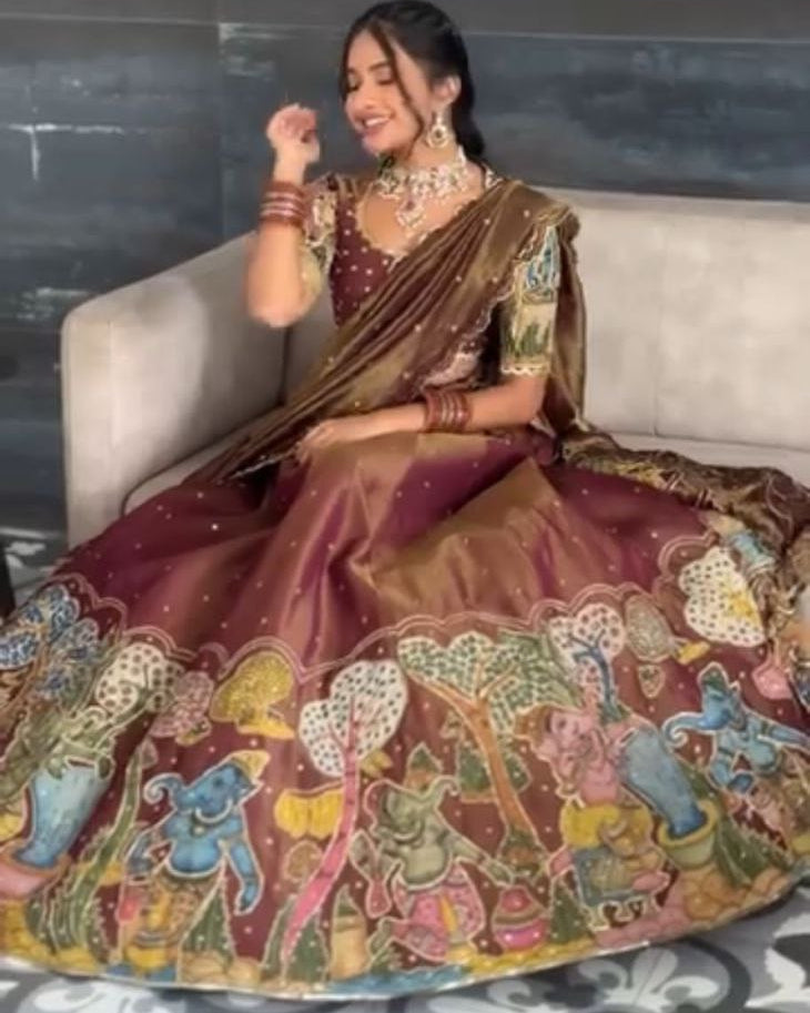 Tissue Jari Kalamkari Print Lehenga Choli with Embroidery Work & Dupatta