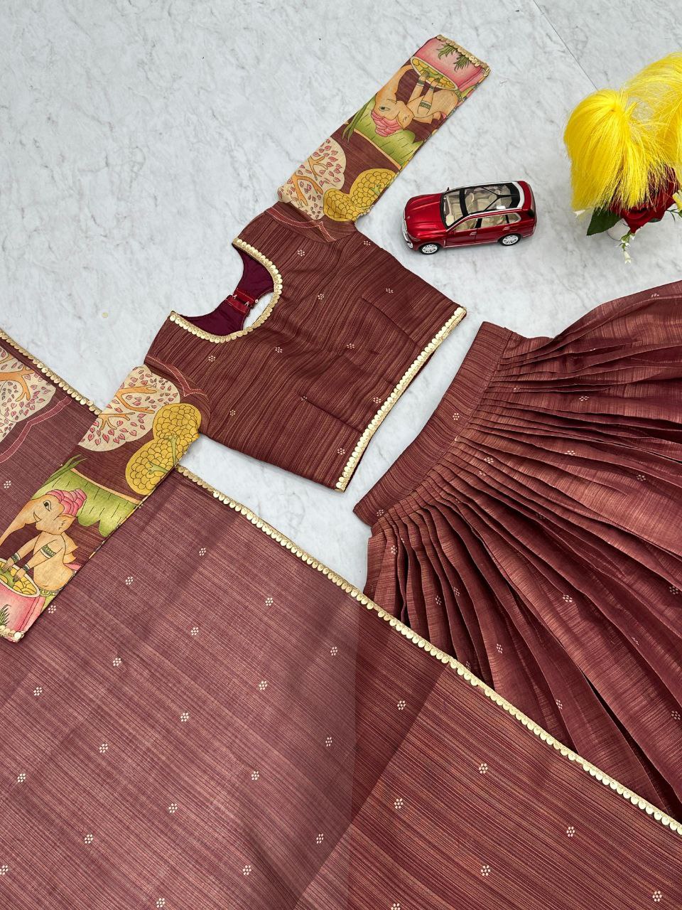 Tissue Jari Kalamkari Print Lehenga Choli with Embroidery Work & Dupatta