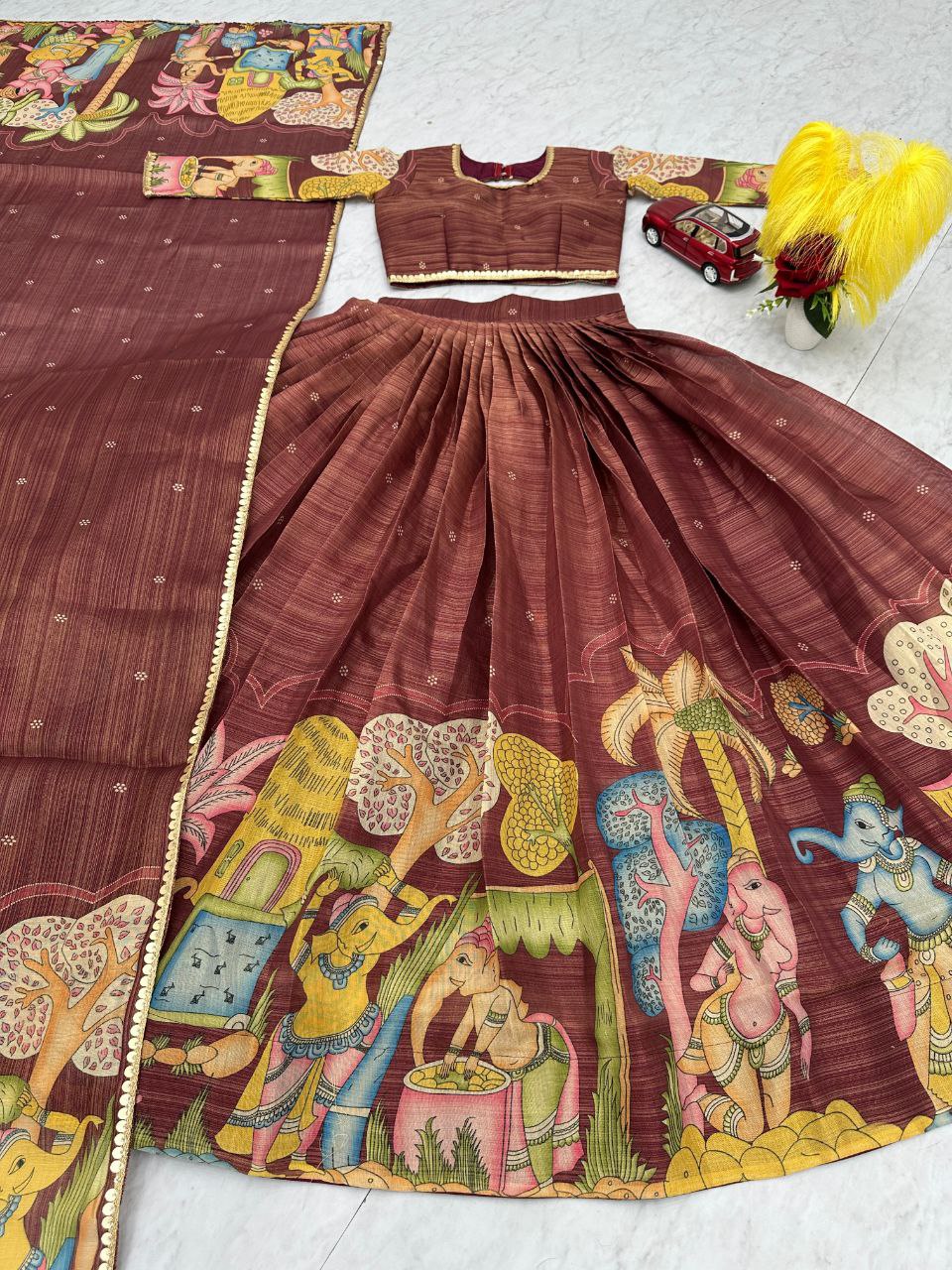 Tissue Jari Kalamkari Print Lehenga Choli with Embroidery Work & Dupatta