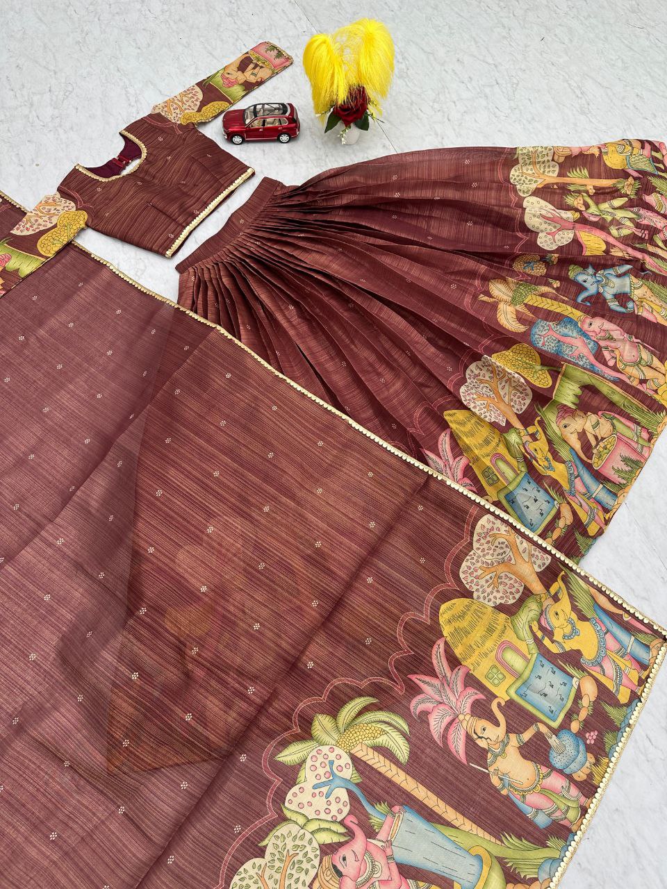 Tissue Jari Kalamkari Print Lehenga Choli with Embroidery Work & Dupatta