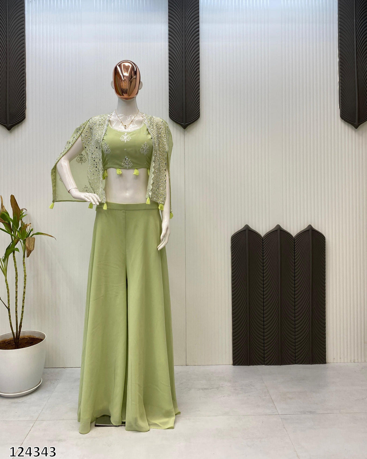 Trending Party Wear 3-Piece Set | Blouse, Palazzo & Shrug with Sequence Embroidery