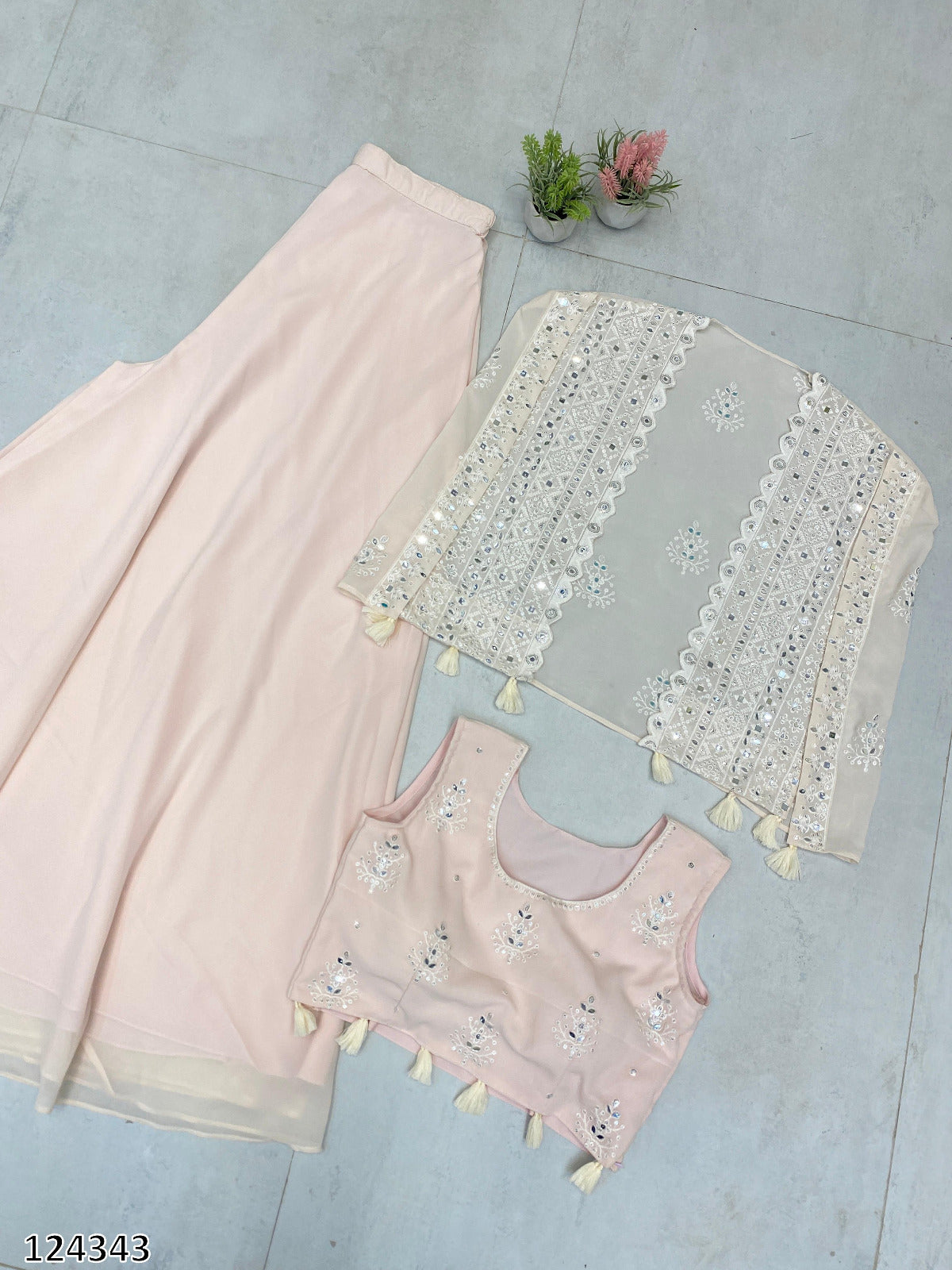 Trending Party Wear 3-Piece Set | Blouse, Palazzo & Shrug with Sequence Embroidery