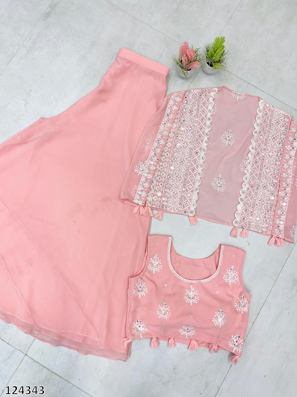 Trending Party Wear 3-Piece Set | Blouse, Palazzo & Shrug with Sequence Embroidery