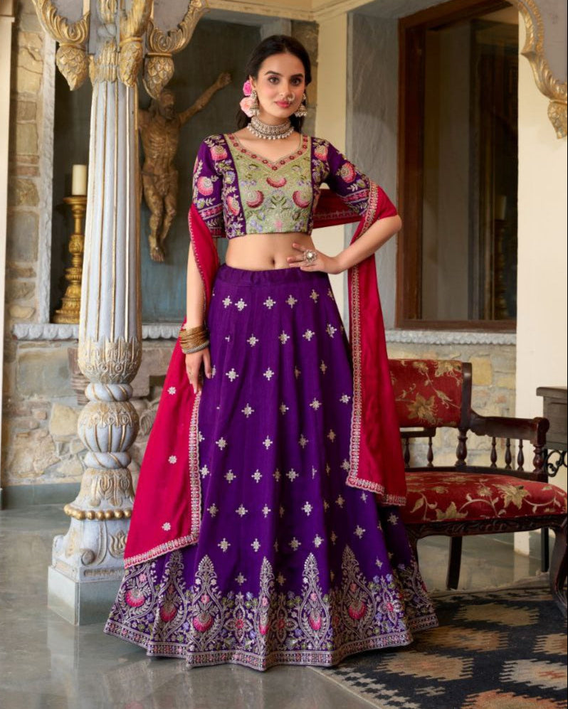 Vichitra Silk Embroidered Lehenga Choli with Dupatta – Luxe Wedding Wear