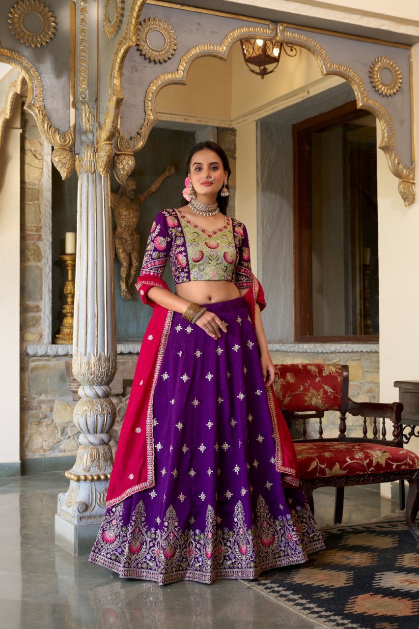 Vichitra Silk Embroidered Lehenga Choli with Dupatta – Luxe Wedding Wear