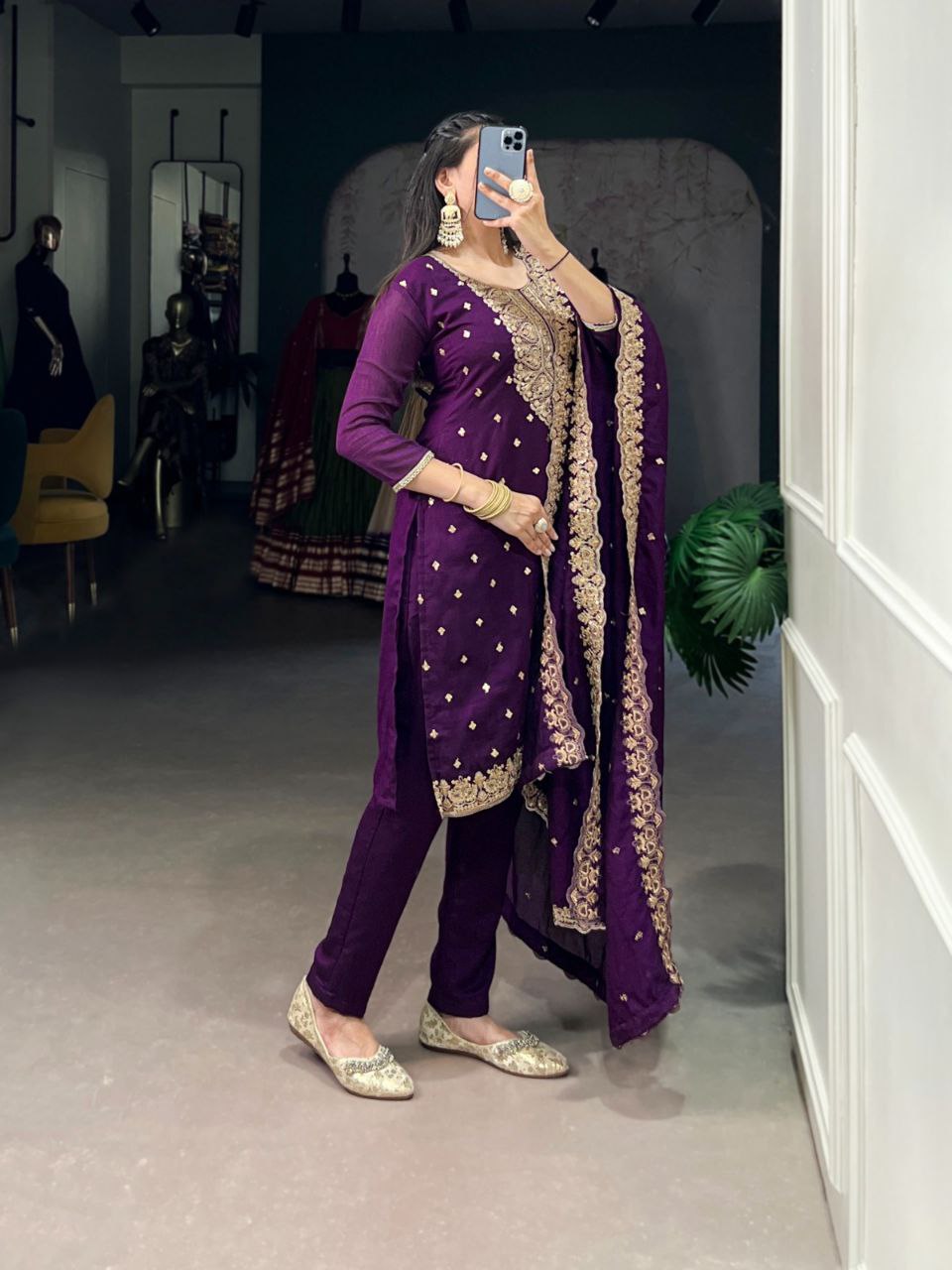 Vichitra Silk Embroidered Suit Set with Dupatta | Ethnic Dress Collection | Fully Stitched