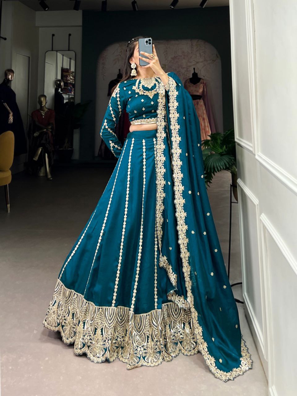 Wedding Collection 2025 – Firozi Vichitra Silk Embroidered Lehenga Set