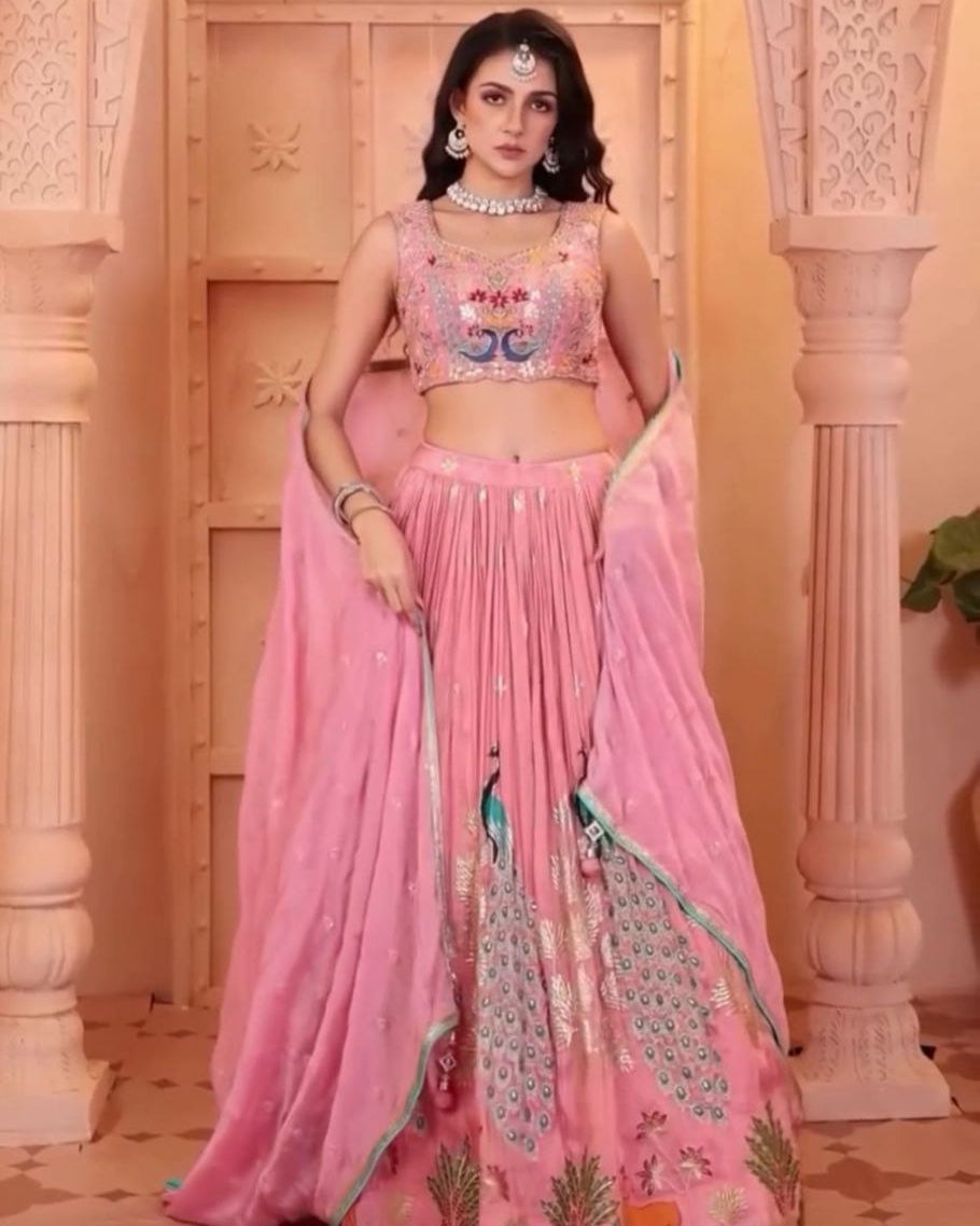 Wedding Wear Pure Chinon Embroidered Lehenga Choli Set