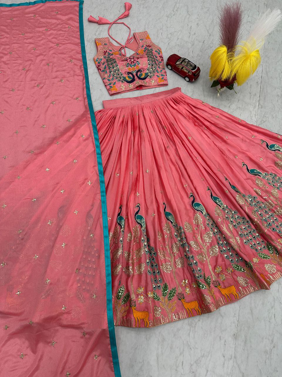 Wedding Wear Pure Chinon Embroidered Lehenga Choli Set