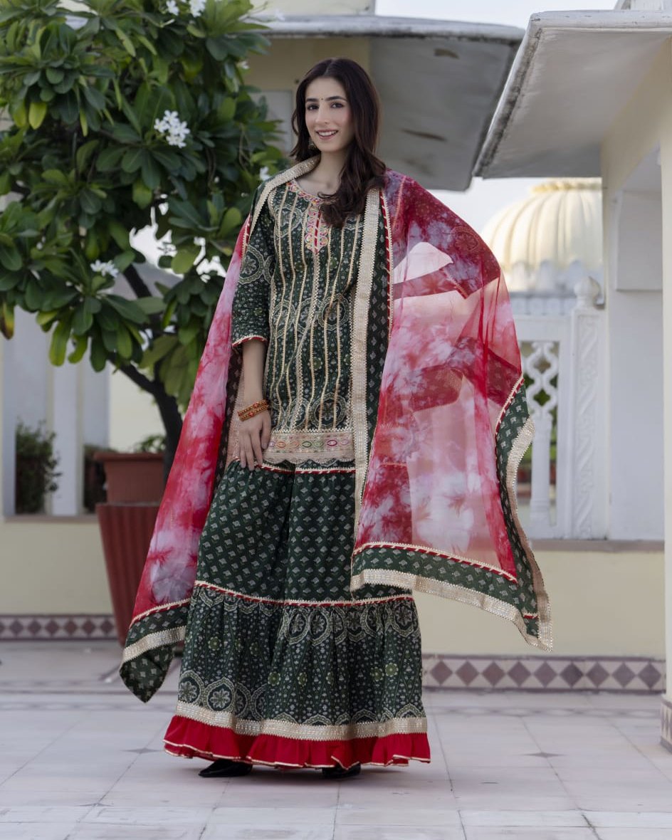 Exclusive Kurti Sharara with Luxe Tie-Dye Dupatta β Perfect for Festive Celebrations