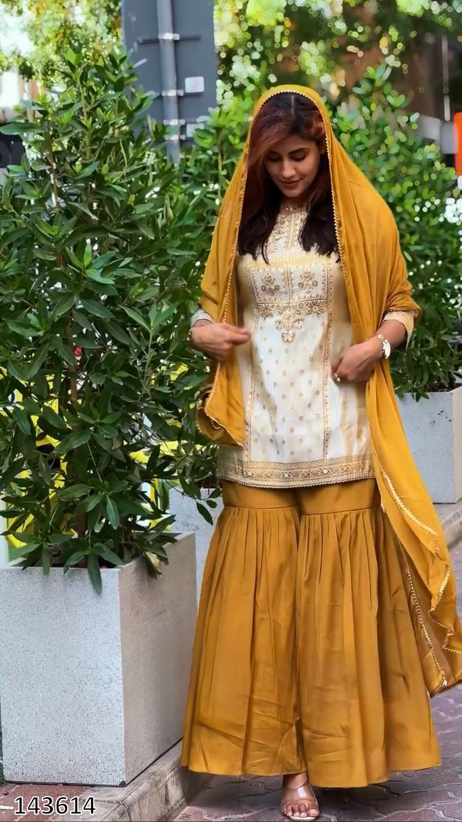 Premium 3 Piece Golden Sharara Set with Natural Crepe Fabric With Rich Detailing