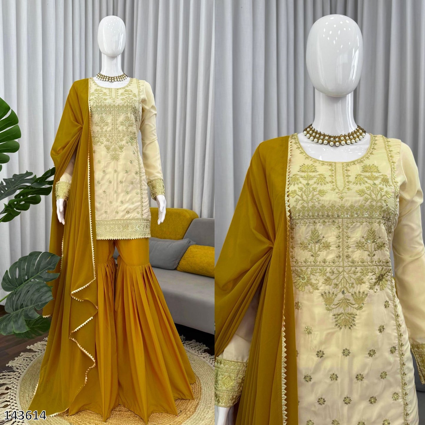 Premium 3 Piece Golden Sharara Set with Natural Crepe Fabric With Rich Detailing