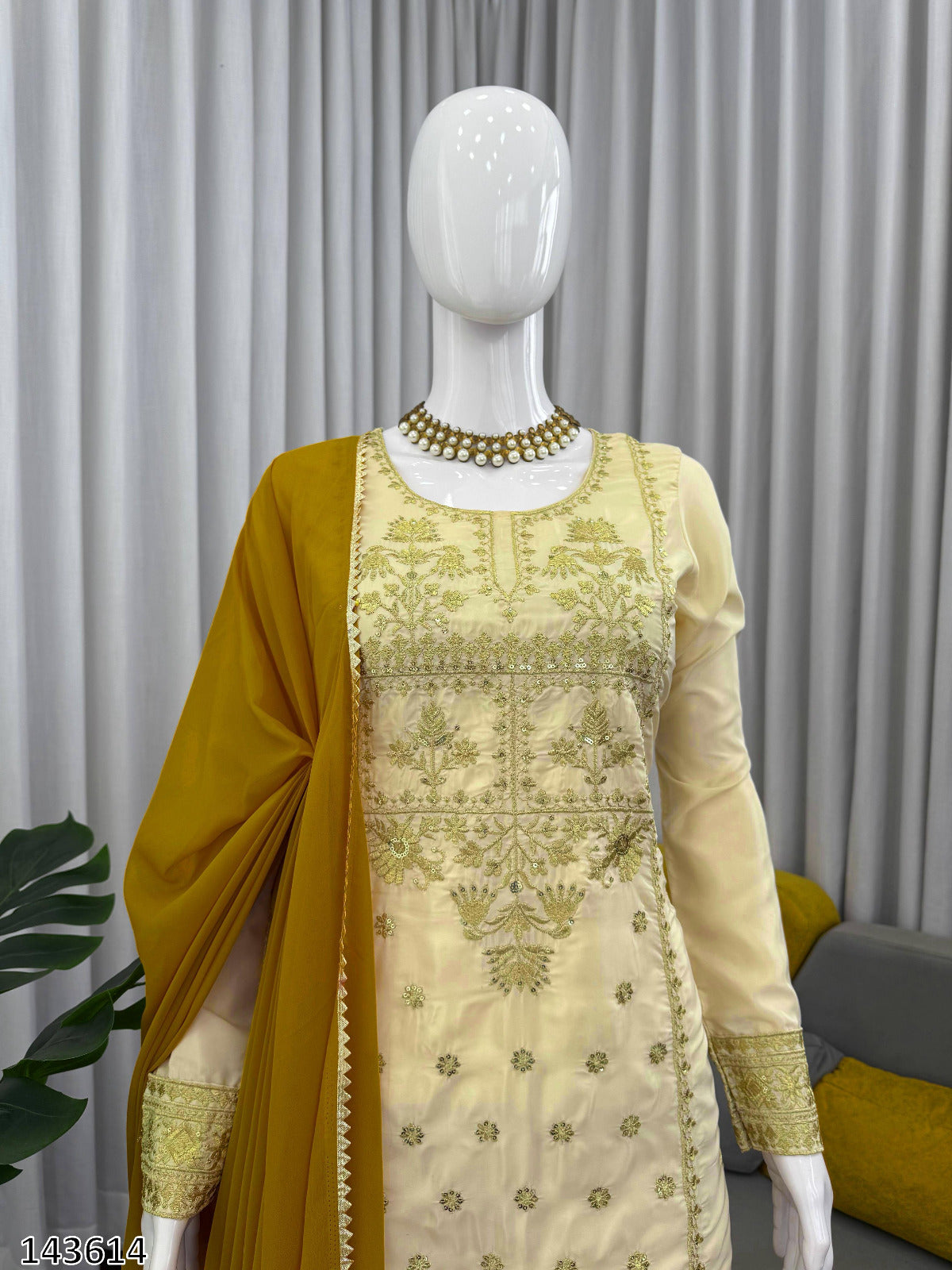 Premium 3 Piece Golden Sharara Set with Natural Crepe Fabric With Rich Detailing