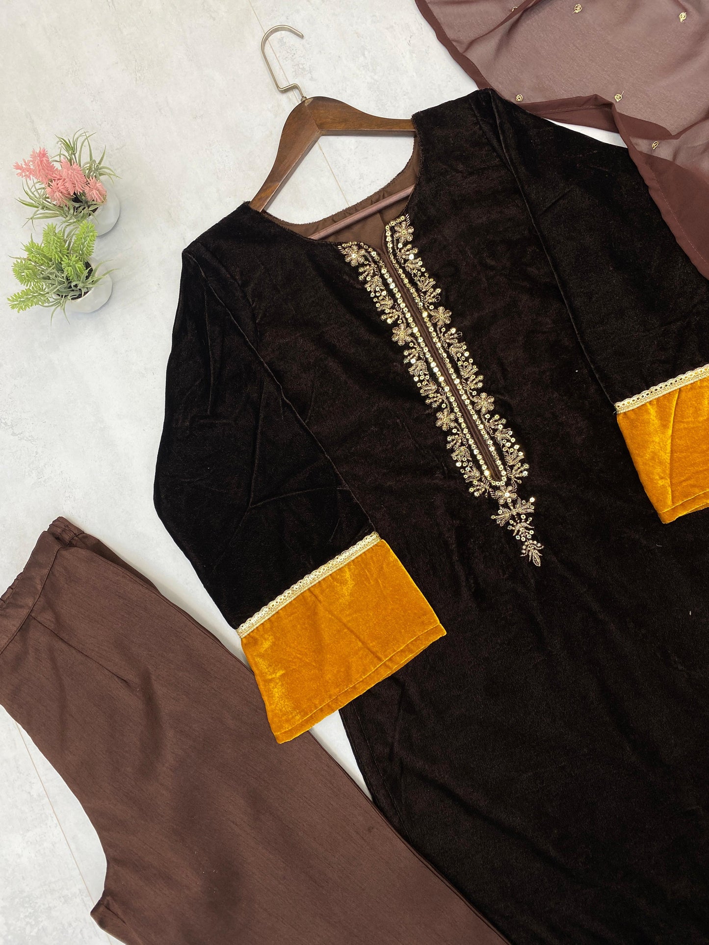 2025 Winter Velvet Palazzo Set for Women | 3-Piece Embroidered Velvet Top, Mono Banglori Palazzo & Georgette Dupatta | Festive & Party Wear