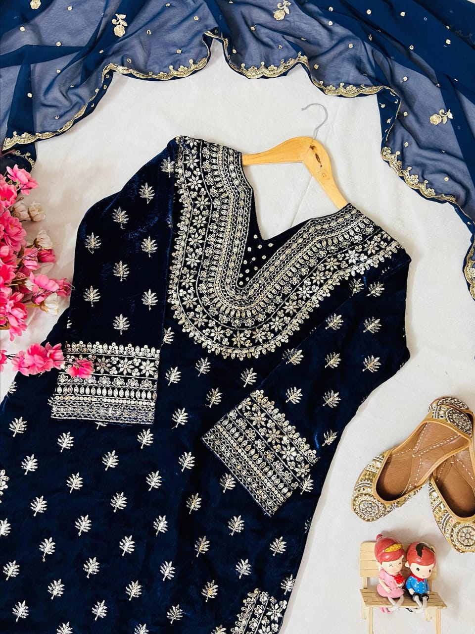 Premium Velvet Kurti Plazzo Suit Set with Sequin & Zari Embroidery & Georgette Dupatta (Fully Stitched)