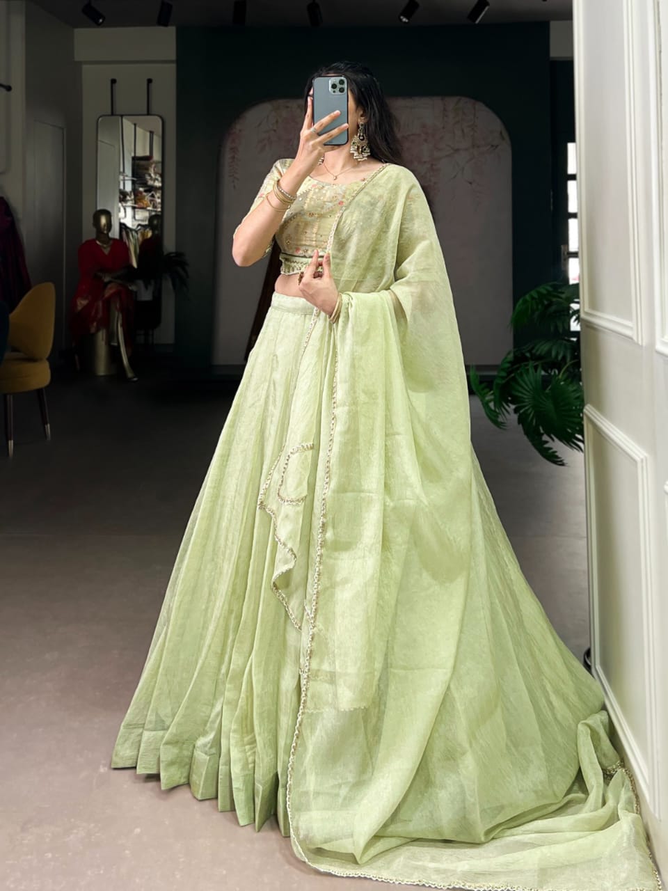 Allen Crush Fabric Lehenga Choli Set with Sequins & Beads Blouse, Lace Dupatta – Tea Green Festive Wear