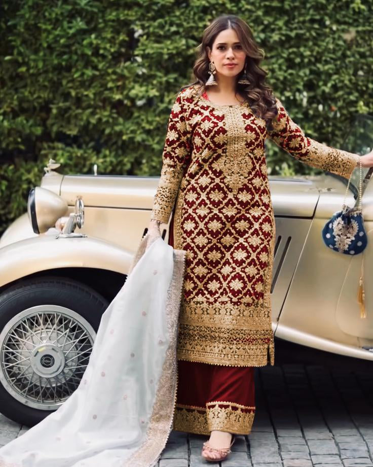 New Designer Party Wear Top Palazzo Set | Heavy Faux Georgette Chain Stitch Embroidery with Sequins & Beads | Ready-to-Wear Festive Outfit