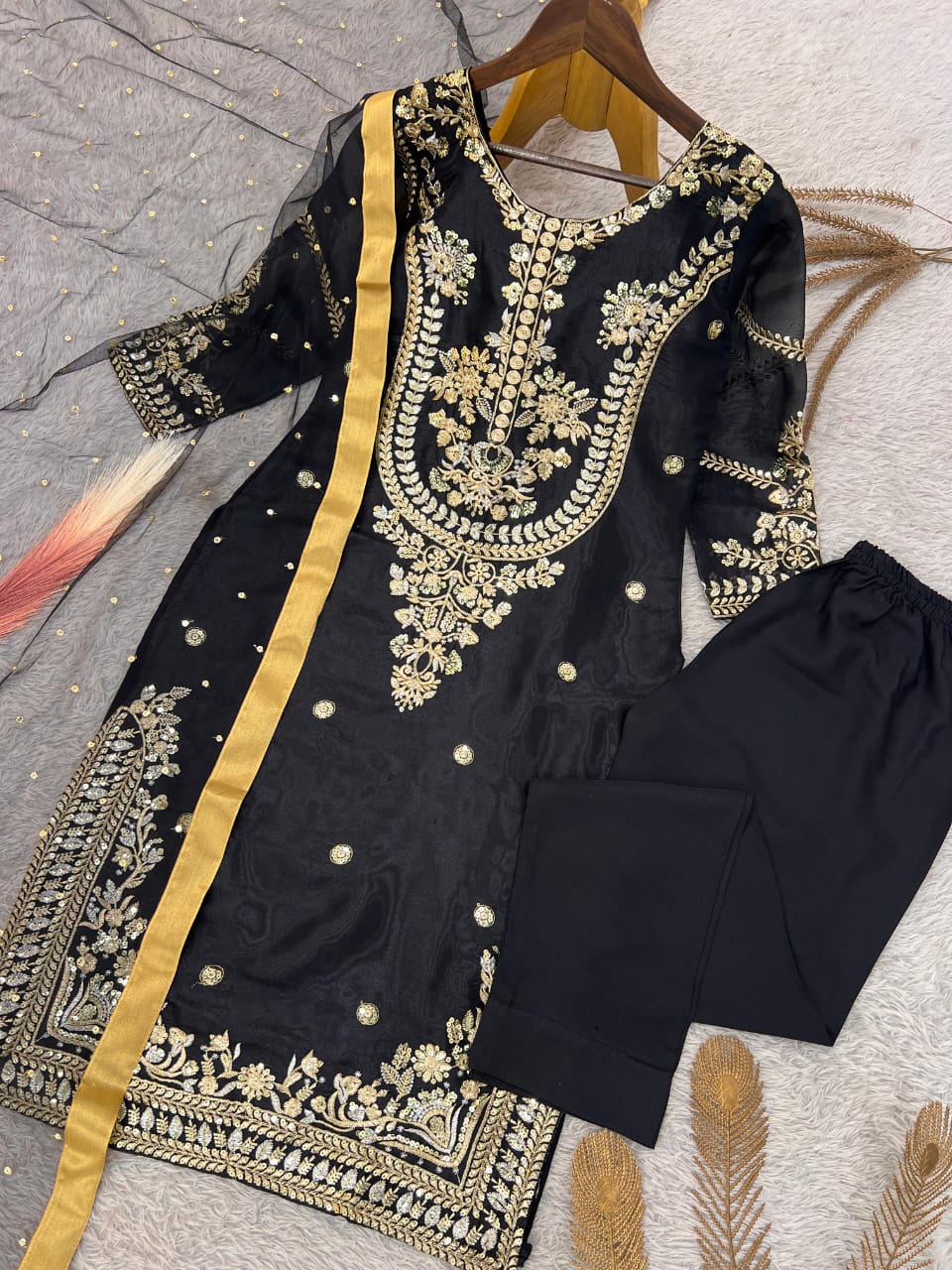 Pakistani styling Jimmy Choo Silk Top-Pant Dupatta Set