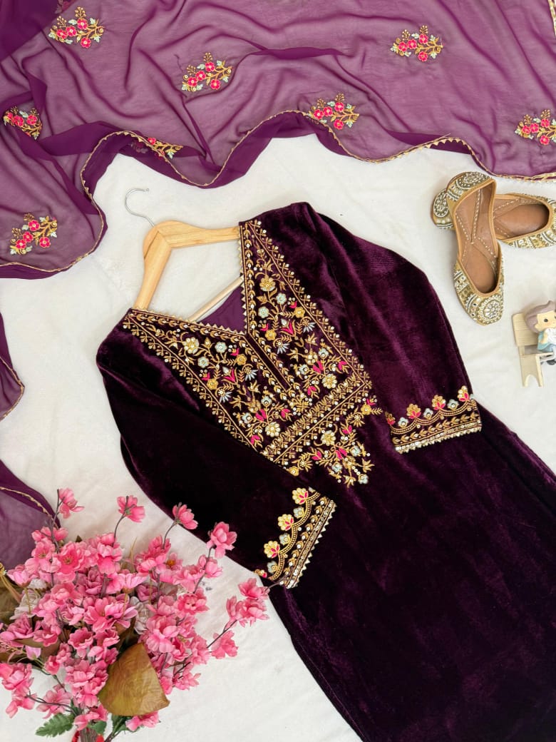 New Designer Velvet Kurti Palazzo Set with Dupatta | 5mm Sequins & Zari Embroidery | Ready-to-Wear Festive Ethnic Wear for Women