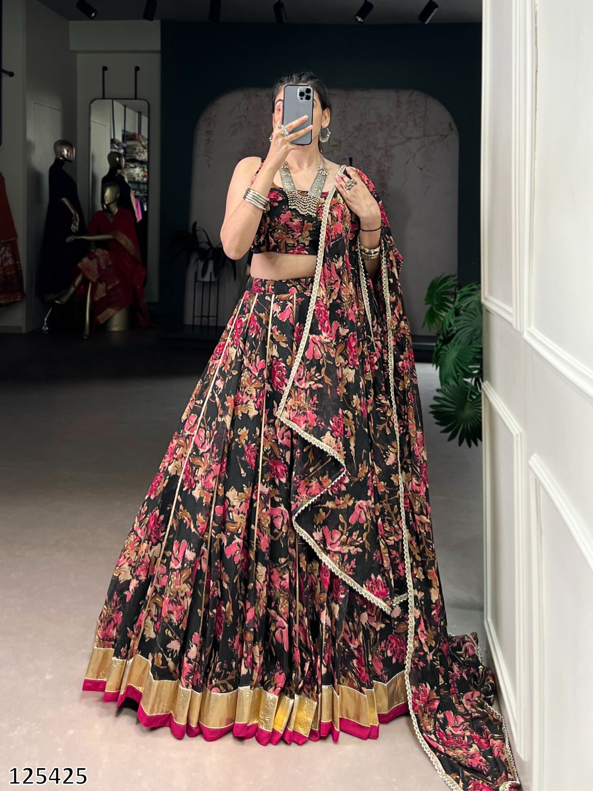 Floral Chiffon Lehenga Choli Set with Foil Print & Gotta Patti