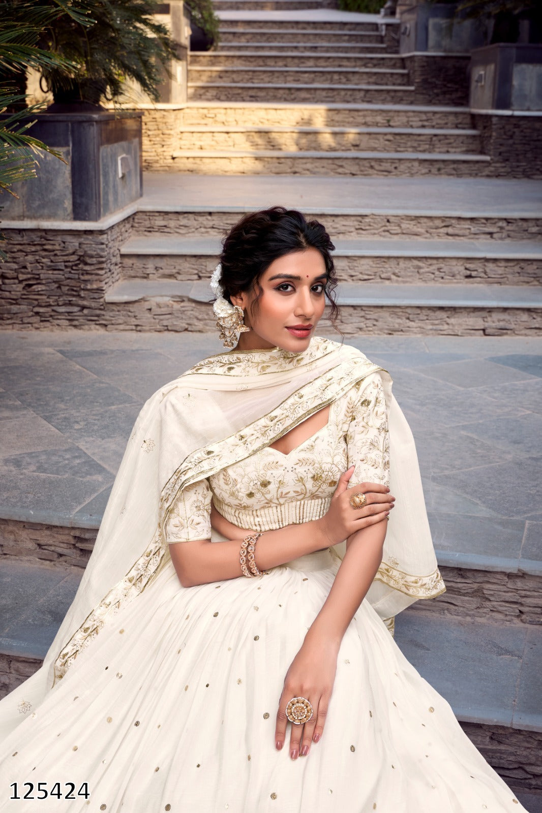 Off-White Silver Glossy Lehenga Choli – Sequins & Foil Work