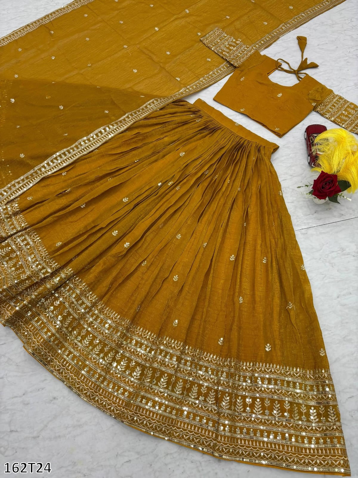 Designer Pure Gold Crush Lehenga Choli Set – Heavy Embroidery & Sequence Work