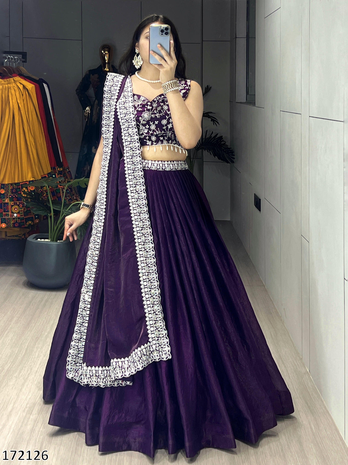 Deep Purple Fendy Satin Silk Lehenga Choli Set – Heavy Embroidered Blouse