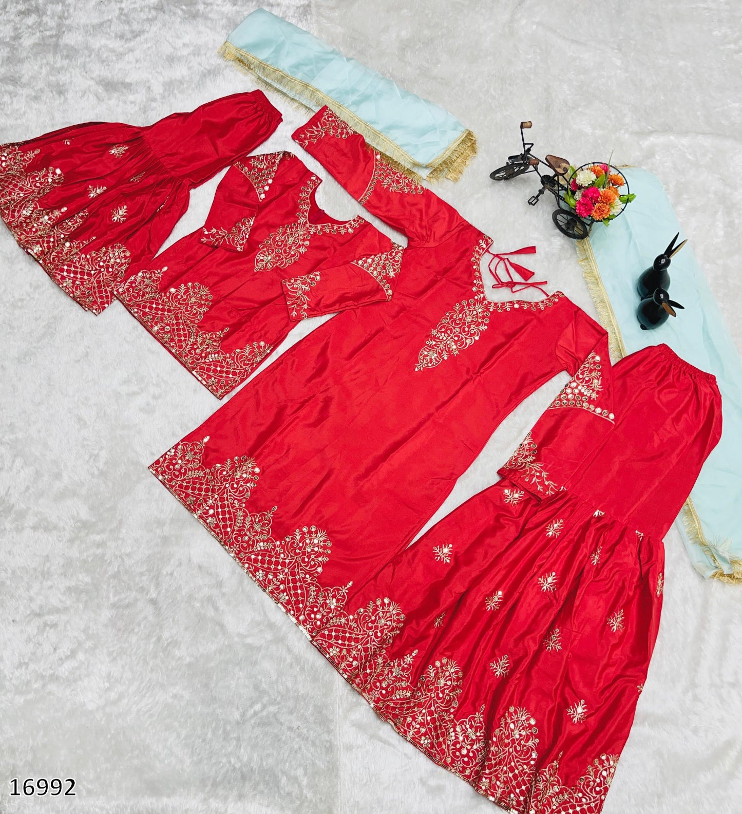 Premium Designer Mom–Daughter Combo Set – Heavy Crepe Silk Top, Palazzo & Fox Georgette Dupatta