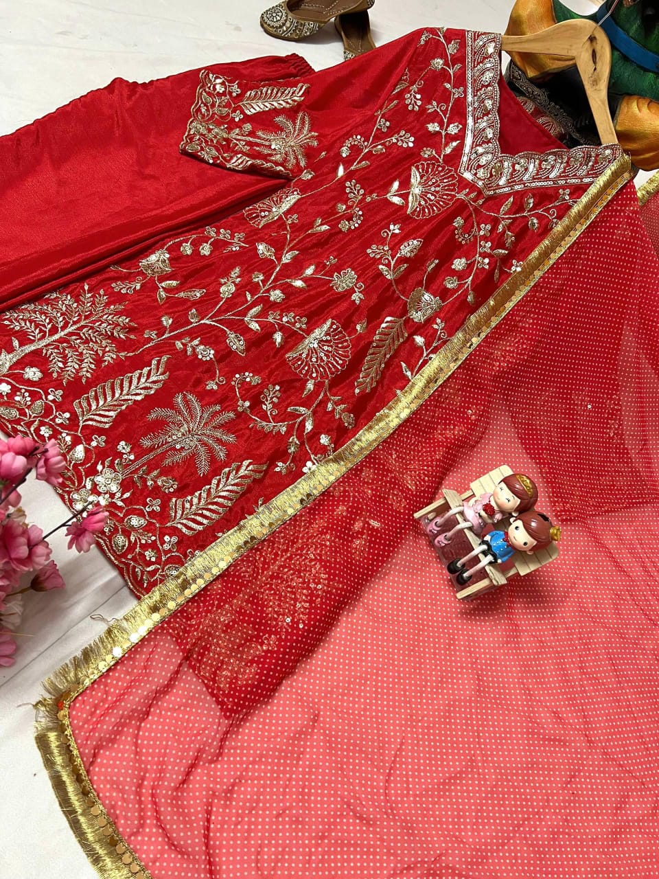 Chinon Silk Embroidered Kurti Pant Set with Printed Dupatta