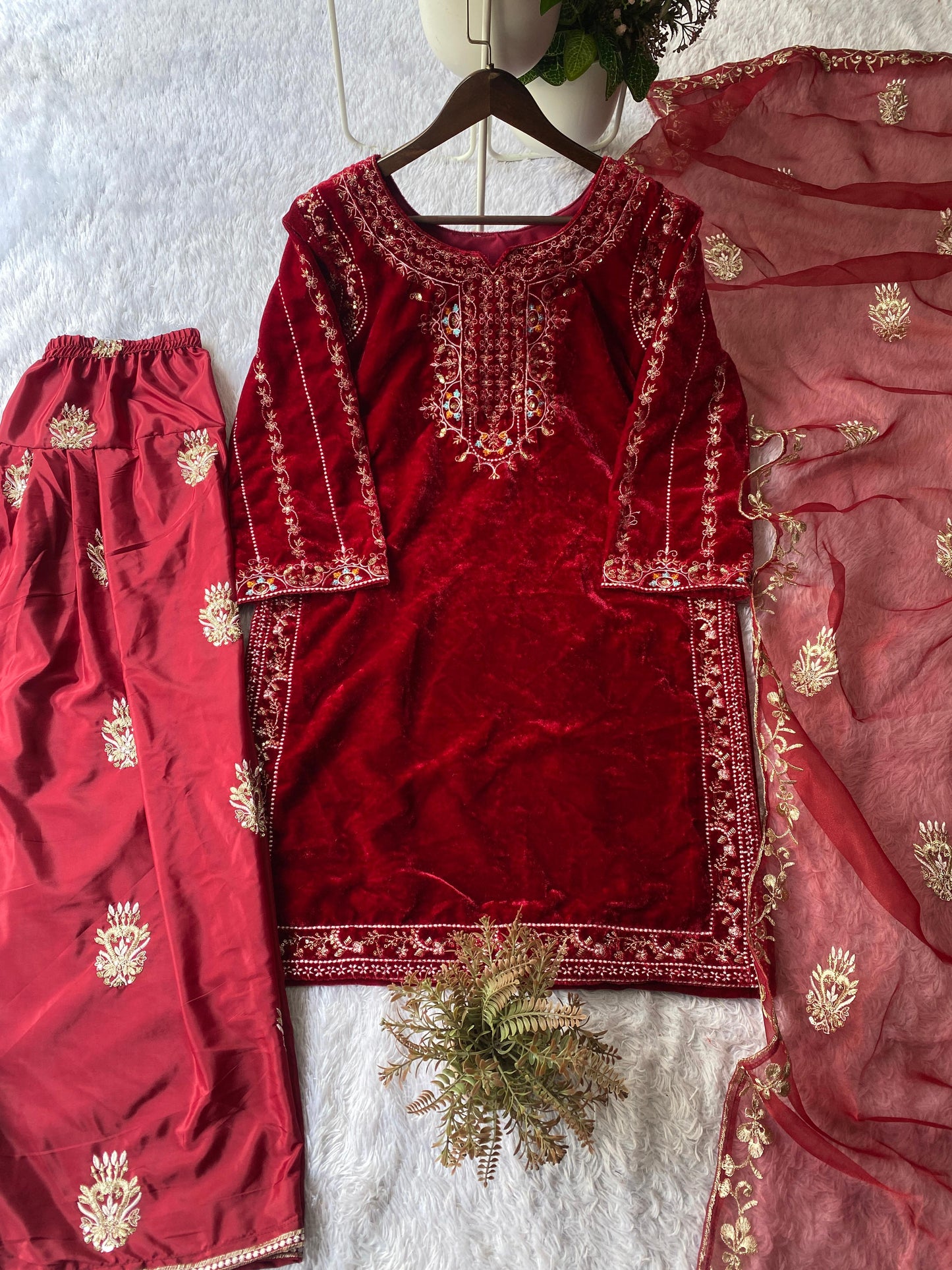 Designer Velvet Red Kurta Salwar Set with Sequin Embroidery & Organza Dupatta | Winter Ethnic Wear for Women