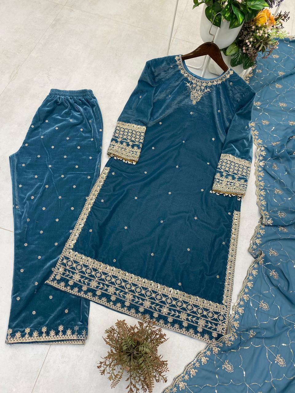 Velvet Kurta Pant Set with Sequin Embroidery & Georgette Dupatta | Winter Designer Ethnic Wear