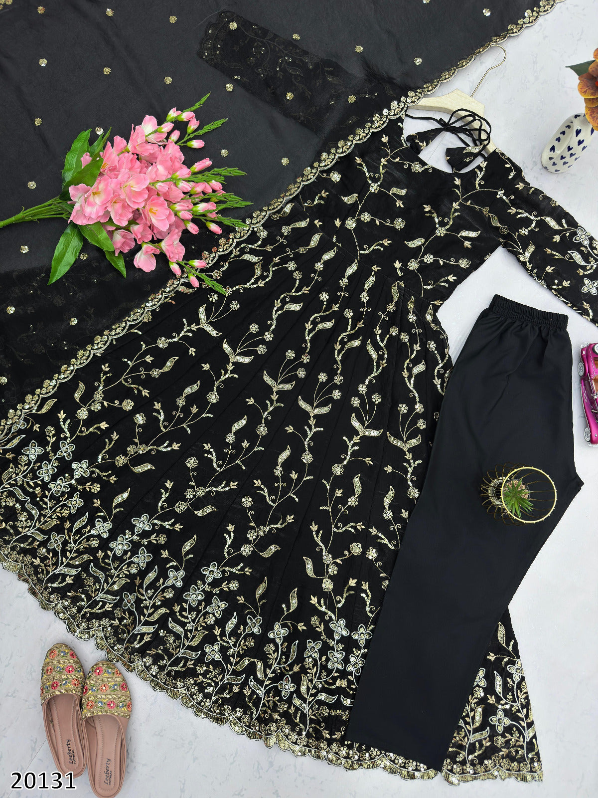 Designer Party Wear Fandy Silk Gown Set with Dupatta & Pant