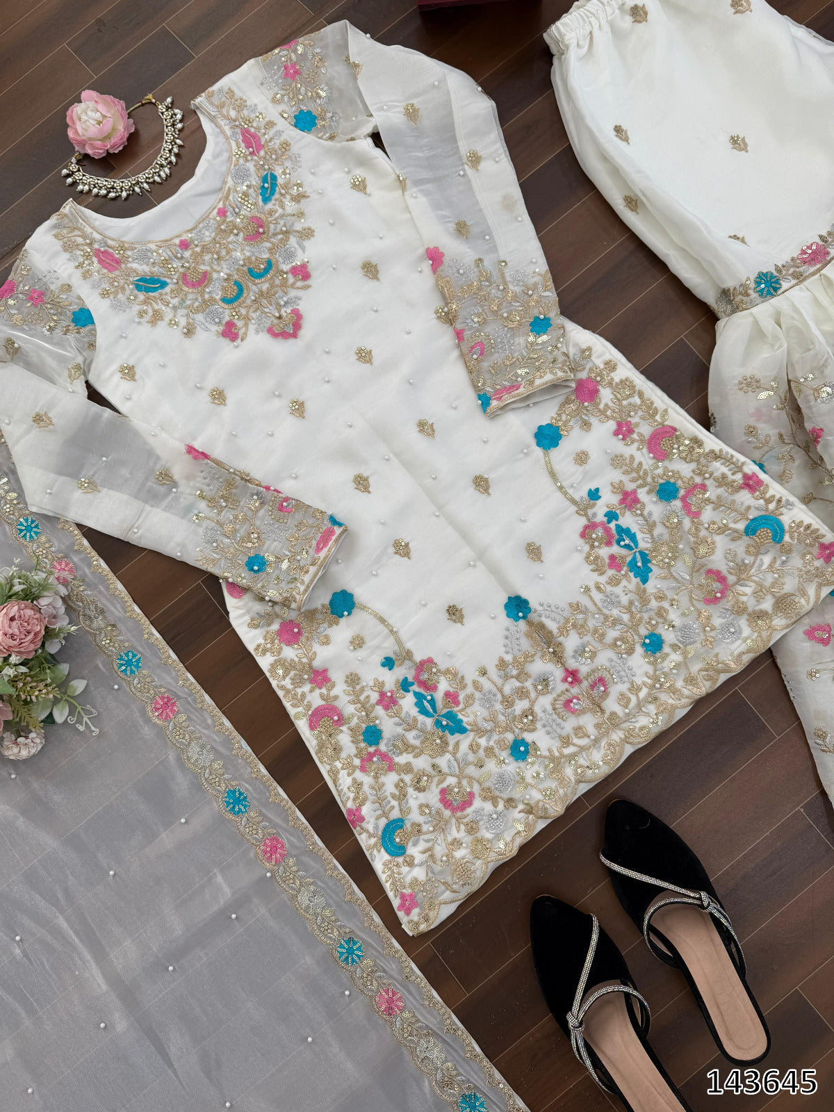 Designer JMC Silk Anarkali Sharara Set with Dupatta | Thread, Sequin & Rivet Moti Work