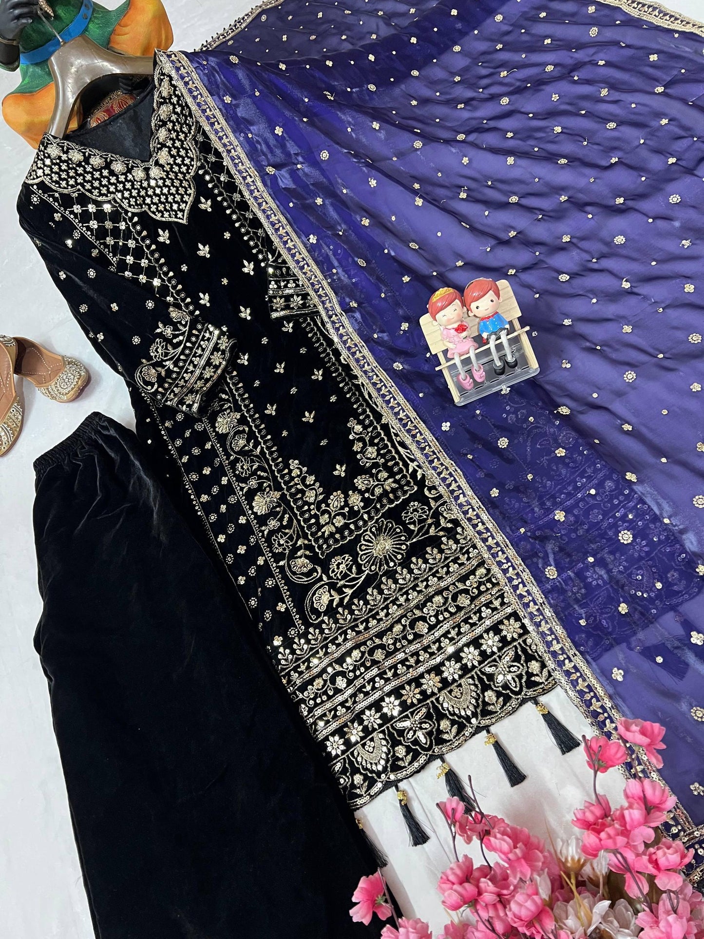 Premium Velvet Kurti Plazzo with Dupatta – 5mm Sequins & Zari Embroidered Designer Set