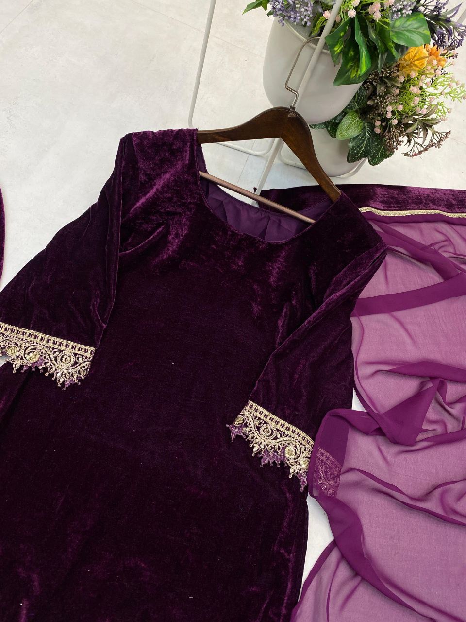 Velvet Kurta Plazzo Set with Dupatta | Premium Winter Designer Wear | Sequins Embroidery